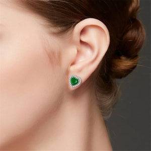 Green Jade Stud Earrings Heart Zircon Crystal Jewelry