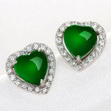 Green Jade Stud Earrings Heart Zircon Crystal Jewelry