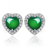 Green Jade Stud Earrings Heart Zircon Crystal Jewelry
