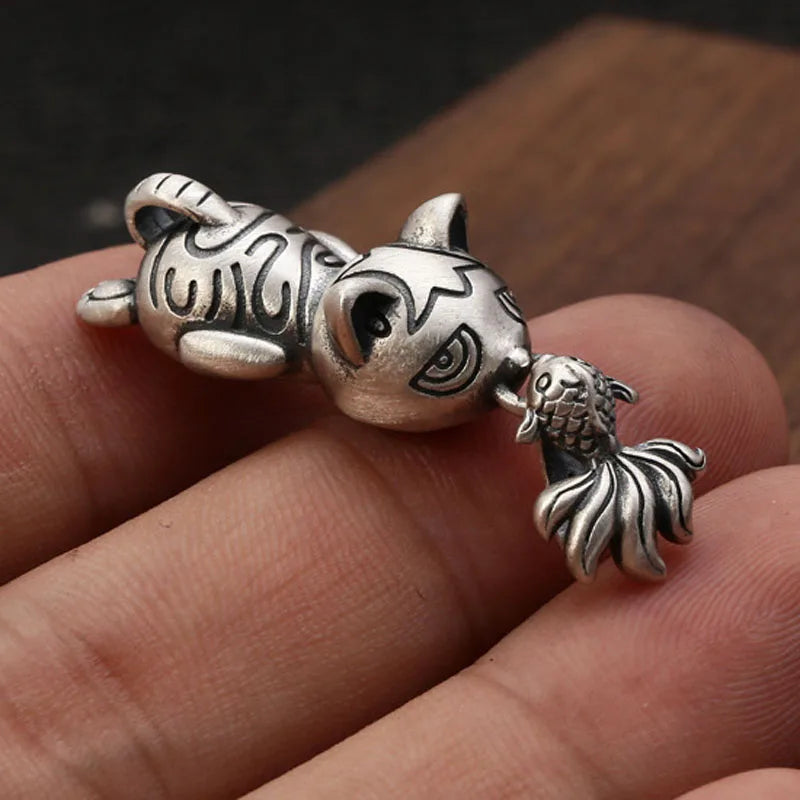 Emith Fla 925 Sterling Silver Cat Eat Fish Pendant