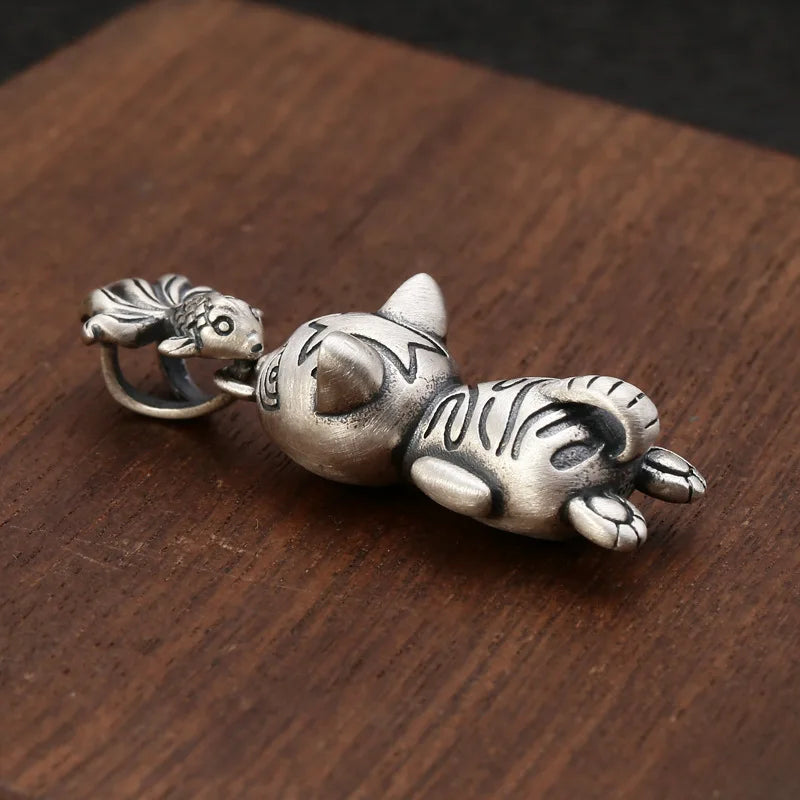 Emith Fla 925 Sterling Silver Cat Eat Fish Pendant