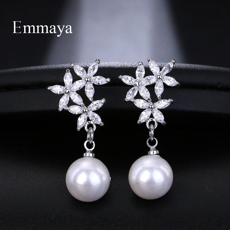 Cubic Zircon Flower Stud Earrings Simulated Pearl Earrings