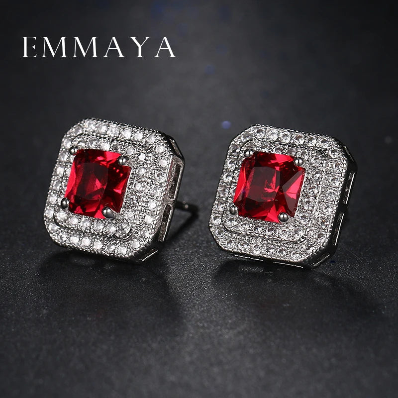 Crystal Square Earrings with Zircon Stones Red Brincos