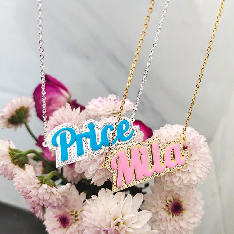 Colorful Enamel Bubble Name Necklace Cursive Font for Girl Mom