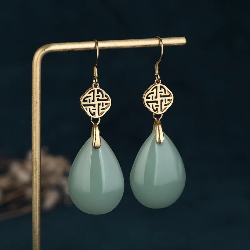 Emerald Green Chalcedony Earrings Chinese Style Women Jewelry