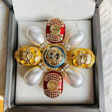 Enamel Cross Scarab Brooch Pearl Rhinestone Pin