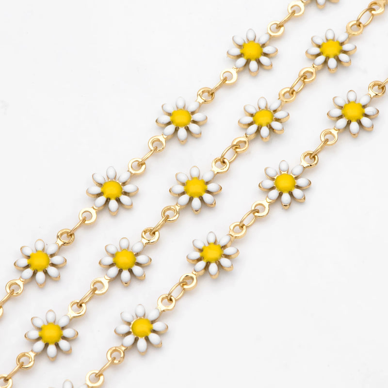 Enamel Flower Chain, Daisy Chain, Plated Brass Chain 7.5mm