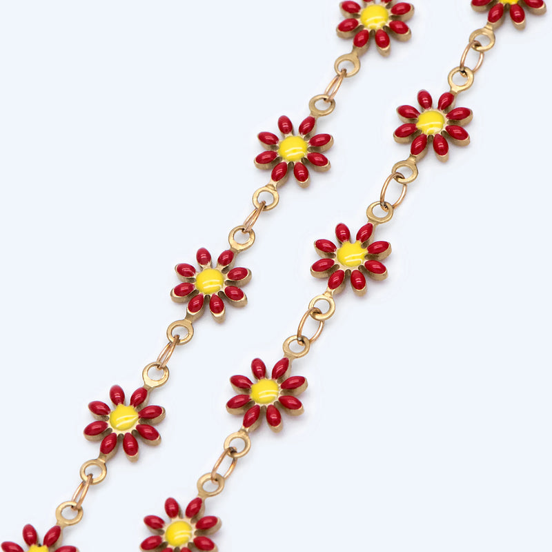 Enamel Flower Chain, Daisy Chain, Raw Brass Chain, Floral Link Chain Findings
