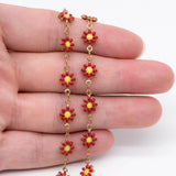 Enamel Flower Chain, Daisy Chain, Raw Brass Chain, Floral Link Chain Findings