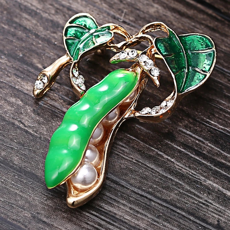 Enamel Green Pea Brooch Gold-color Crystal Corsage