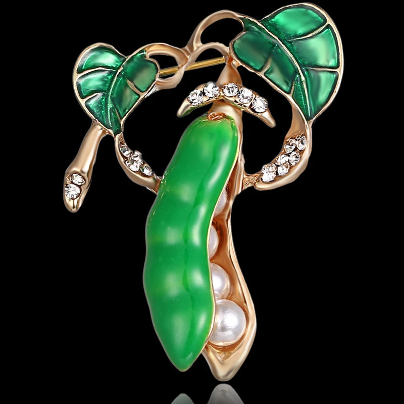 Enamel Green Pea Brooch Gold-color Crystal Corsage