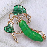 Enamel Green Pea Brooch Gold-color Crystal Corsage