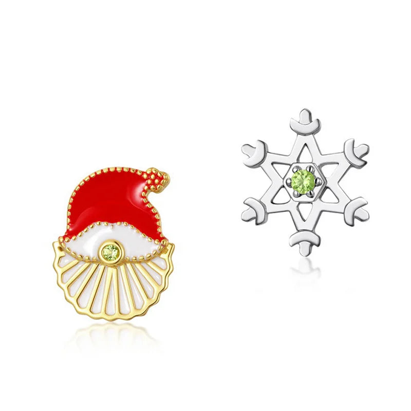 Enamel Nano Zircon 925 Silver Stud Earrings Women Santa Claus Snowflake