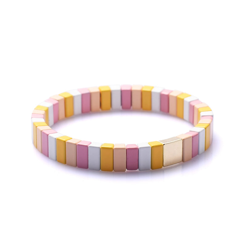 Enamel Tile Beaded Stretch Bracelet Color-Block Friendship Gift