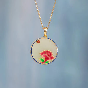 Enamel Peony Flower Necklace Chalcedony Pendant Silver Jewelry