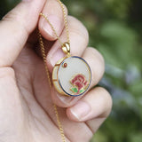 Enamel Peony Flower Necklace Chalcedony Pendant Silver Jewelry