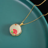 Enamel Peony Flower Necklace Chalcedony Pendant Silver Jewelry