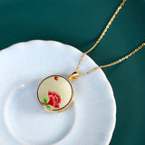 Peony Flower Necklace Enamel Chalcedony Pendant Silver Jewelry