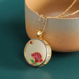 Peony Flower Necklace Enamel Chalcedony Pendant Silver Jewelry
