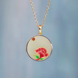 Peony Flower Necklace Enamel Chalcedony Pendant Silver Jewelry