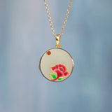 Enamel Peony Flower Necklace Chalcedony Pendant Silver Jewelry