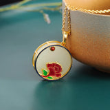 Enamel Peony Flower Necklace Chalcedony Pendant Silver Jewelry
