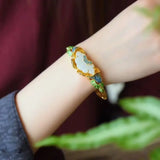 Chinese Enamel Porcelain Jade Fan Bracelet Silver Jewelry