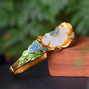 Chinese Enamel Porcelain Jade Fan Bracelet Silver Jewelry
