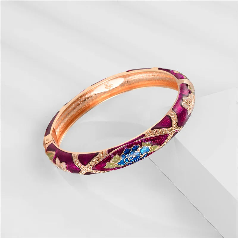 Enameled Flowers Cuff Bangles Mother's Gift Bracelet