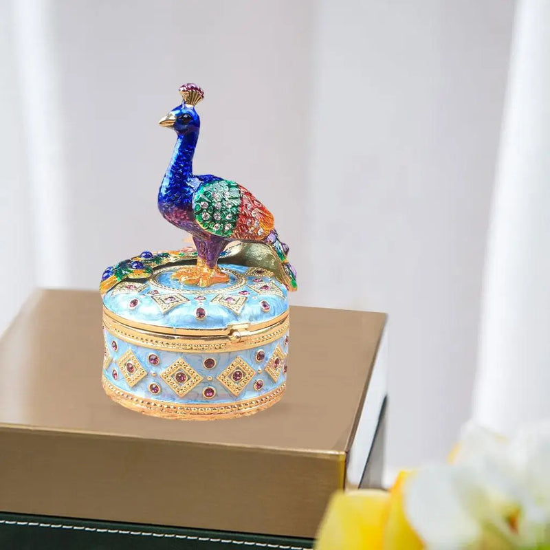 Enameled Peacock Jewellery Box Desktop Storage Organizer