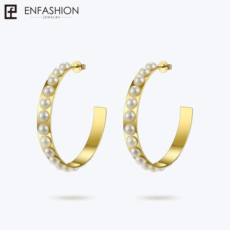 Stainless Steel Big Pearl Hoop Earrings for Women