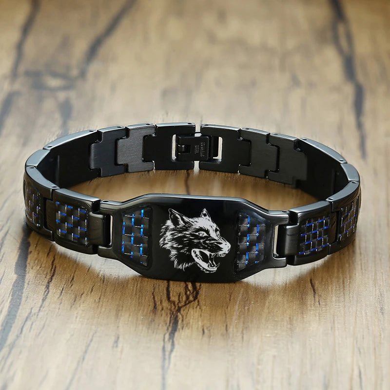 Engravable Dragon Scorpion Wolf Carbon Fiber Men ID Bracelet