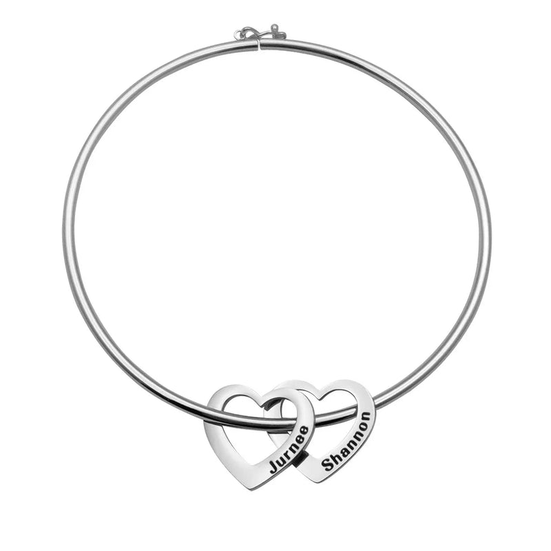 Family Name Heart Charm Bracelet, Personalized Steel Bangle