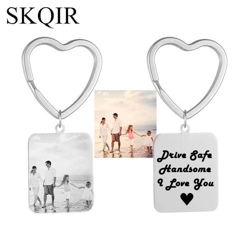 Engraved Baby Name Keychain Personalized Photo Dog Tag Heart Stainless Steel