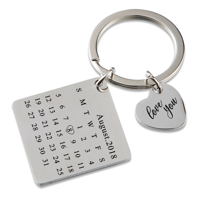 Engraved Calendar Heart Key Chain - Date Keychains for Women