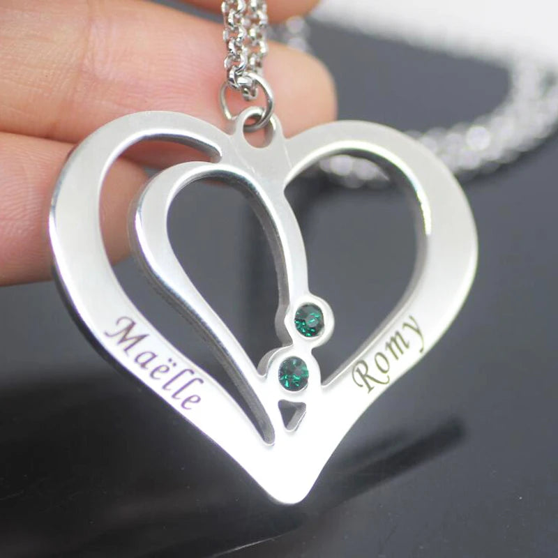 Engraved Couples Necklace with Birthstones Long Necklaces Any Name YP2492