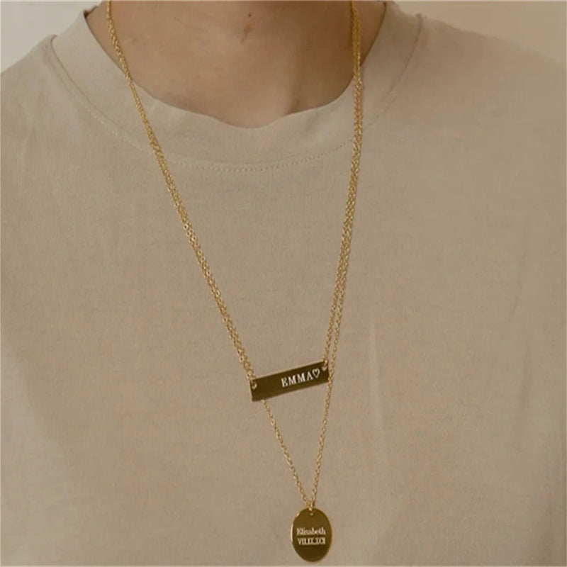 Engraved Name Necklace Women Stainless Steel Round Pendant