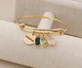 Engraved Family Names Stainless Steel Charms Bracelet with Birthstones