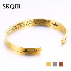 Engraved Inspirational Bracelet Stainless Steel Crown Letter Bangle