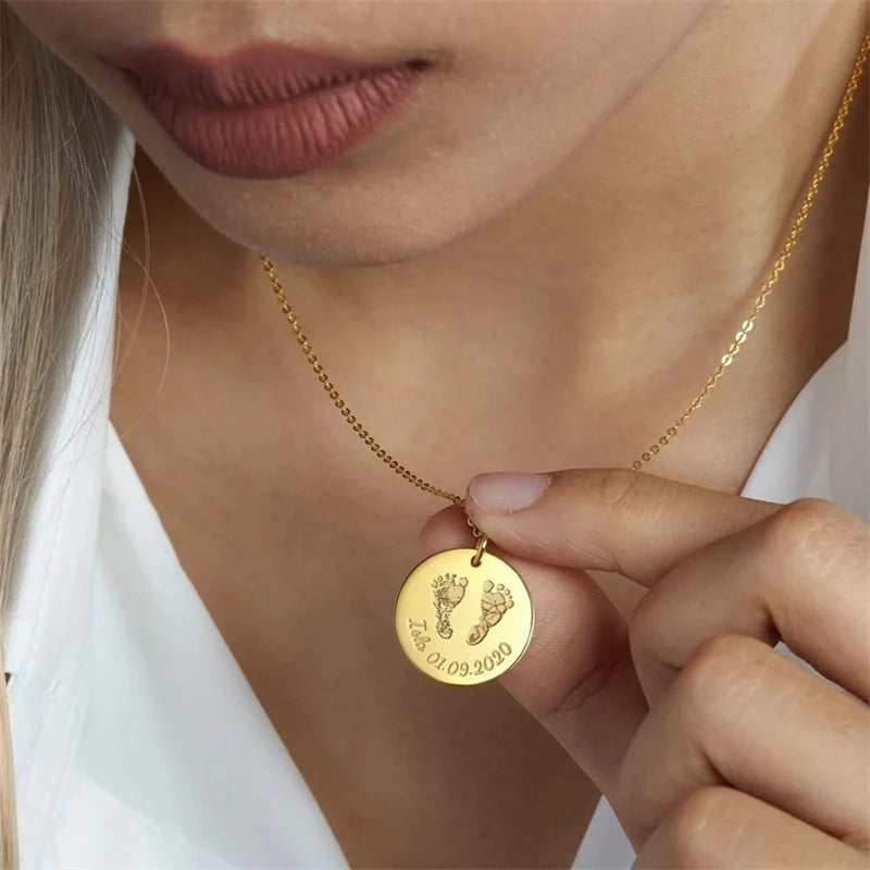 Baby Footprint Name Pendant Necklace - Personalized Stainless Steel Gift