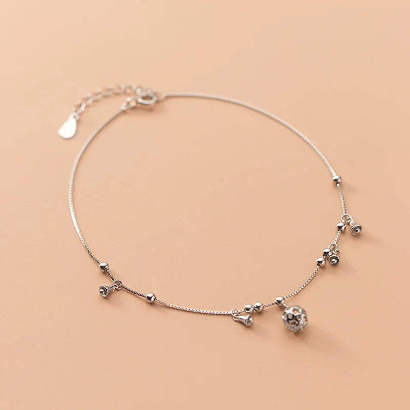 925 Sterling Silver Bell Balls Charm Anklet