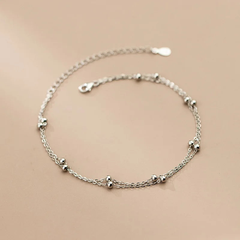 925 Silver Double Anklet Women Beach Round Bead Gothic Chain Jewelry