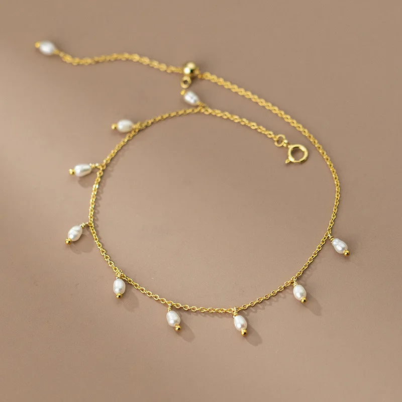 925 Silver Chain Baroque Pearl Tassel Anklet for Women Wedding