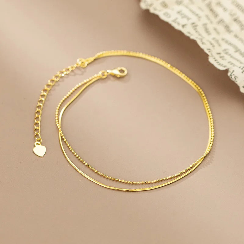 925 Silver Double Snake Bone Bead Anklet Chain Bohemian Jewelry