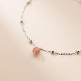 925 Sterling Silver Anklet Strawberry Pink Crystal Ball Anklet