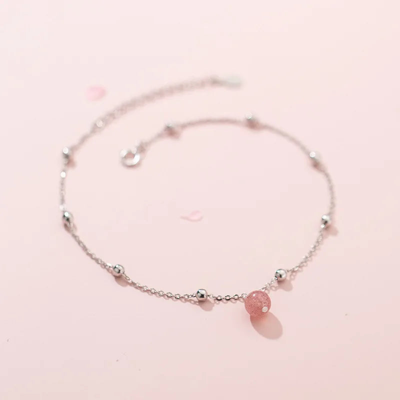 925 Sterling Silver Anklet Strawberry Pink Crystal Ball Anklet