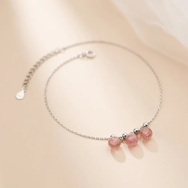 925 Silver Strawberry Crystal Beads Anklet Wedding Jewelry