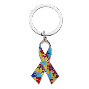 Eco-Friendly Alloy Autism Puzzle Pendant Key Ring Enamel Charm Jewelry Key Chain