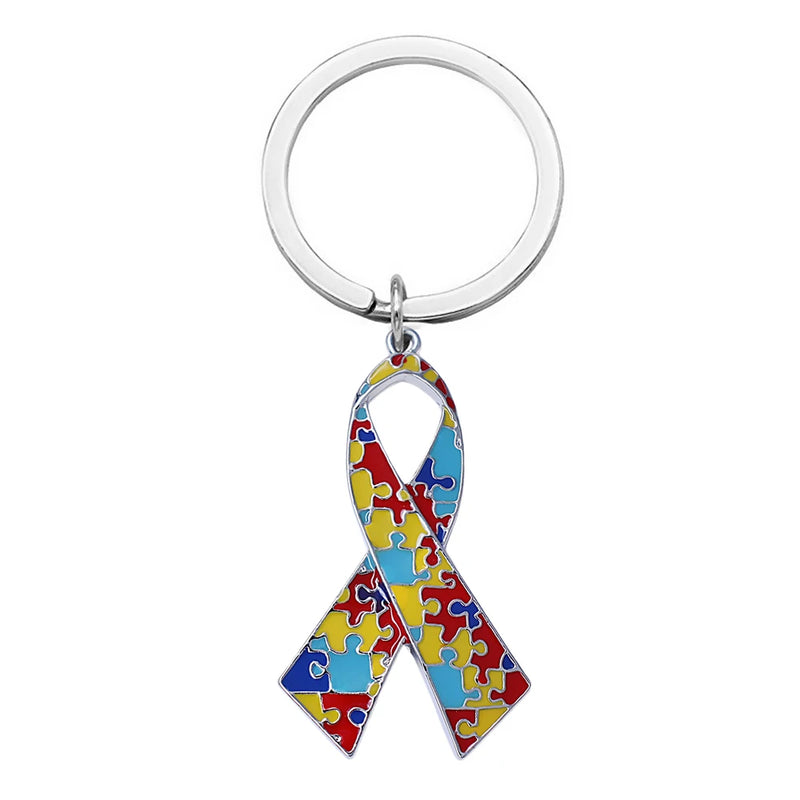 Eco-Friendly Alloy Autism Puzzle Pendant Key Ring Enamel Charm Jewelry Key Chain