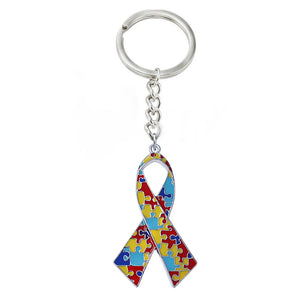 Eco-Friendly Alloy Autism Puzzle Pendant Key Ring Enamel Charm Jewelry Key Chain